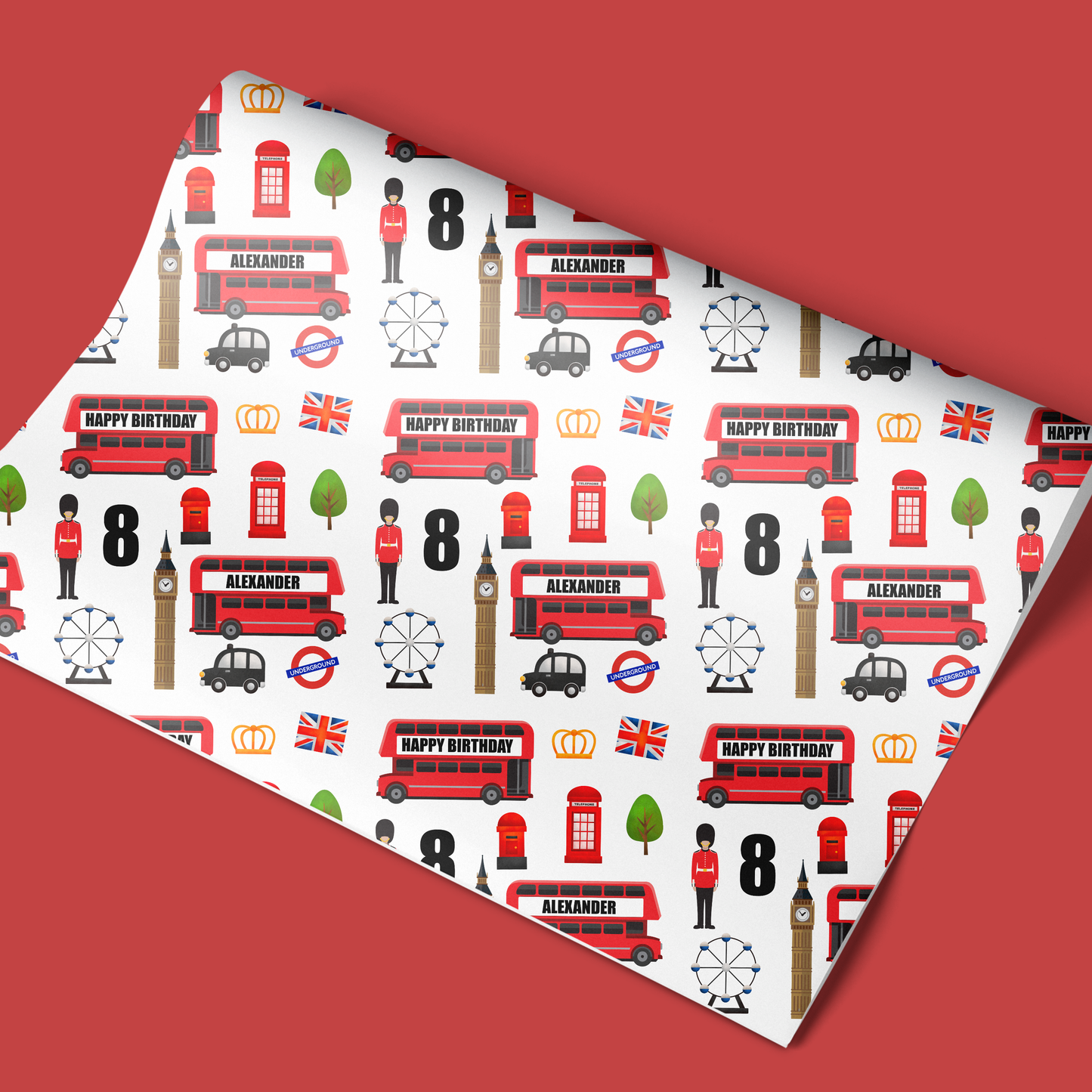 a red and white london themed tie on a red background