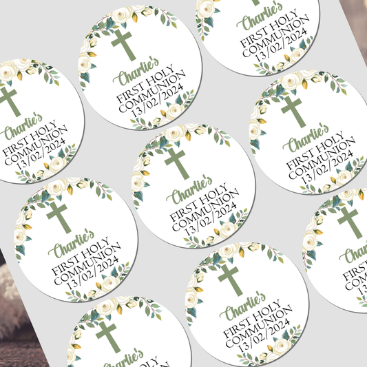 Personalised First Holy Communion Party Bag Stickers Green Floral Cross