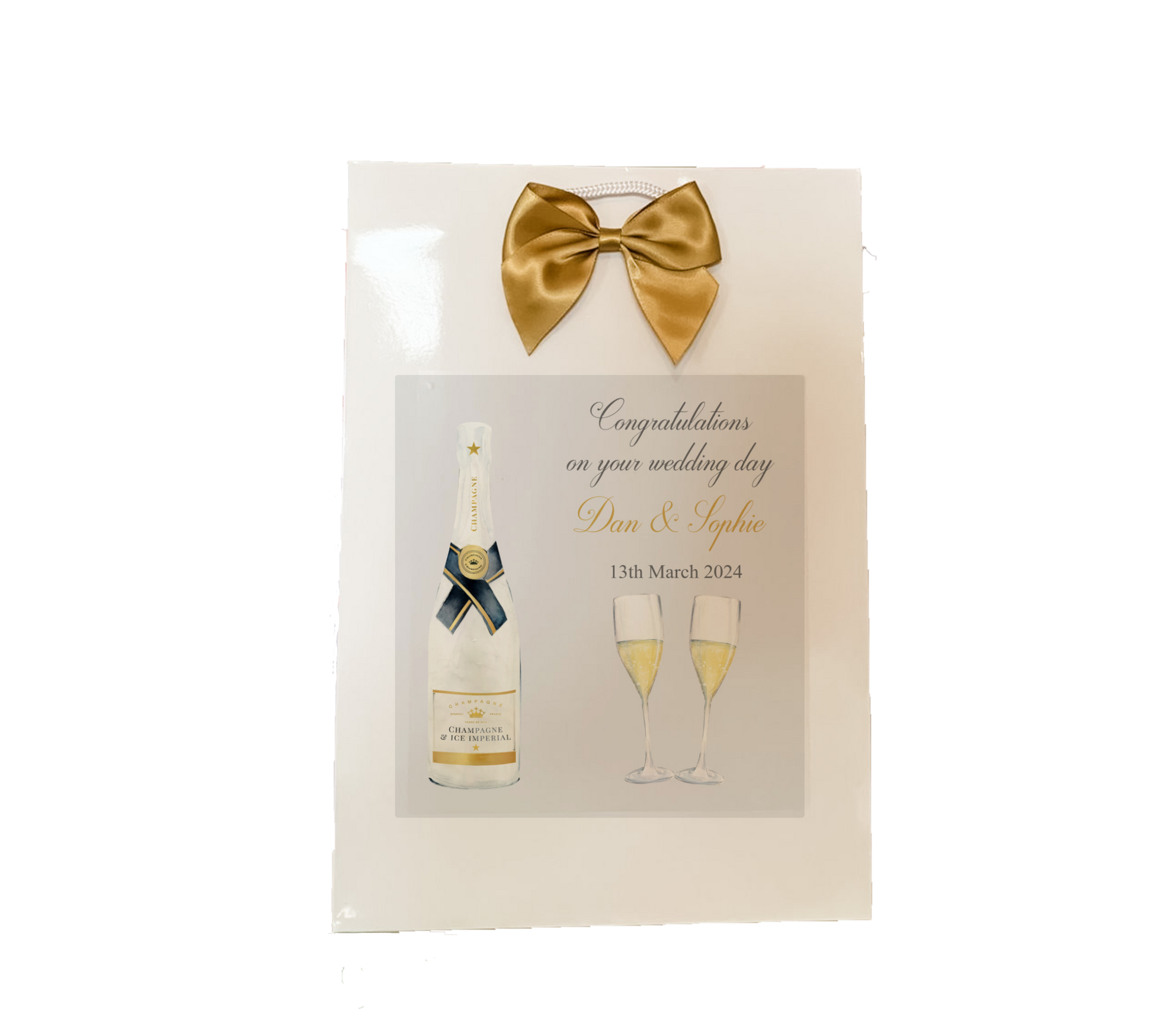 a card with a bottle of champagne and a bow
