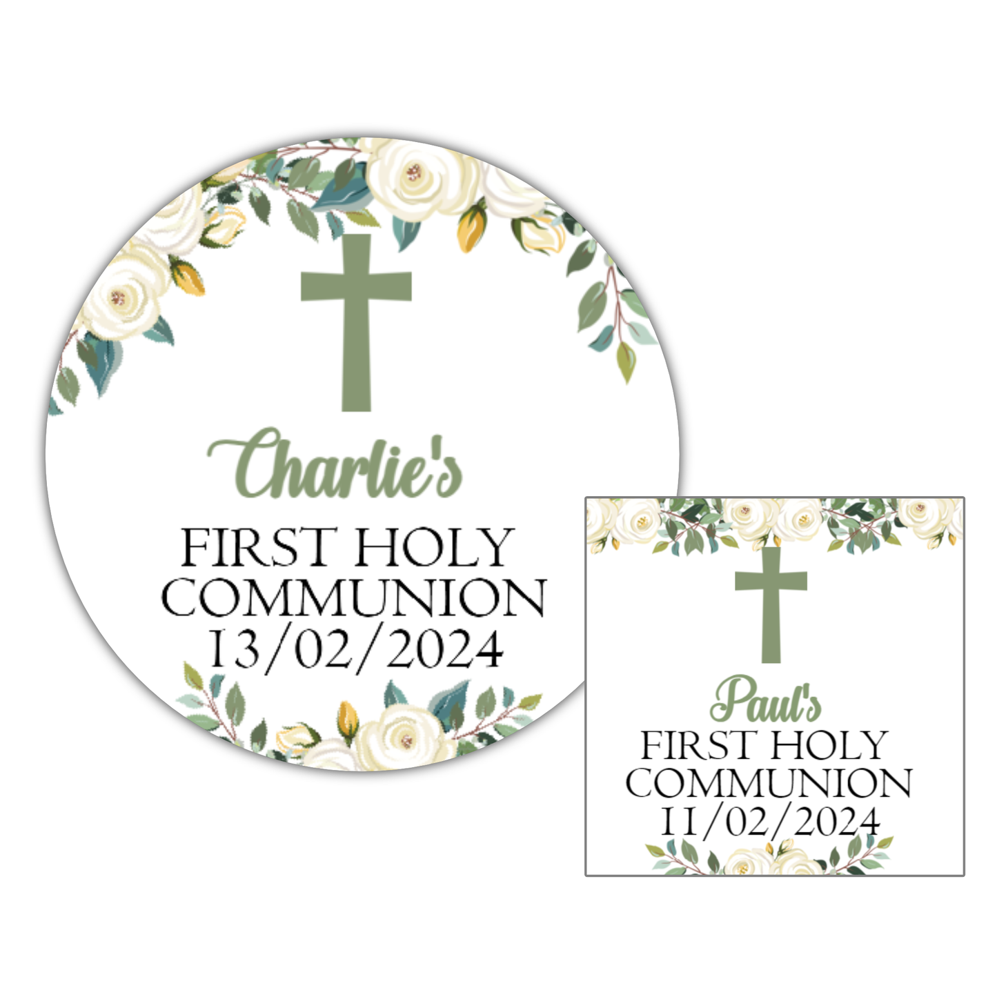 Personalised First Holy Communion Party Bag Stickers Green Floral Cross