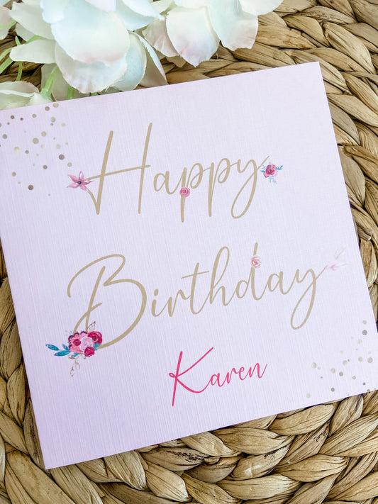 Personalised Birthday Card Gold Happy Birthday Pink Background