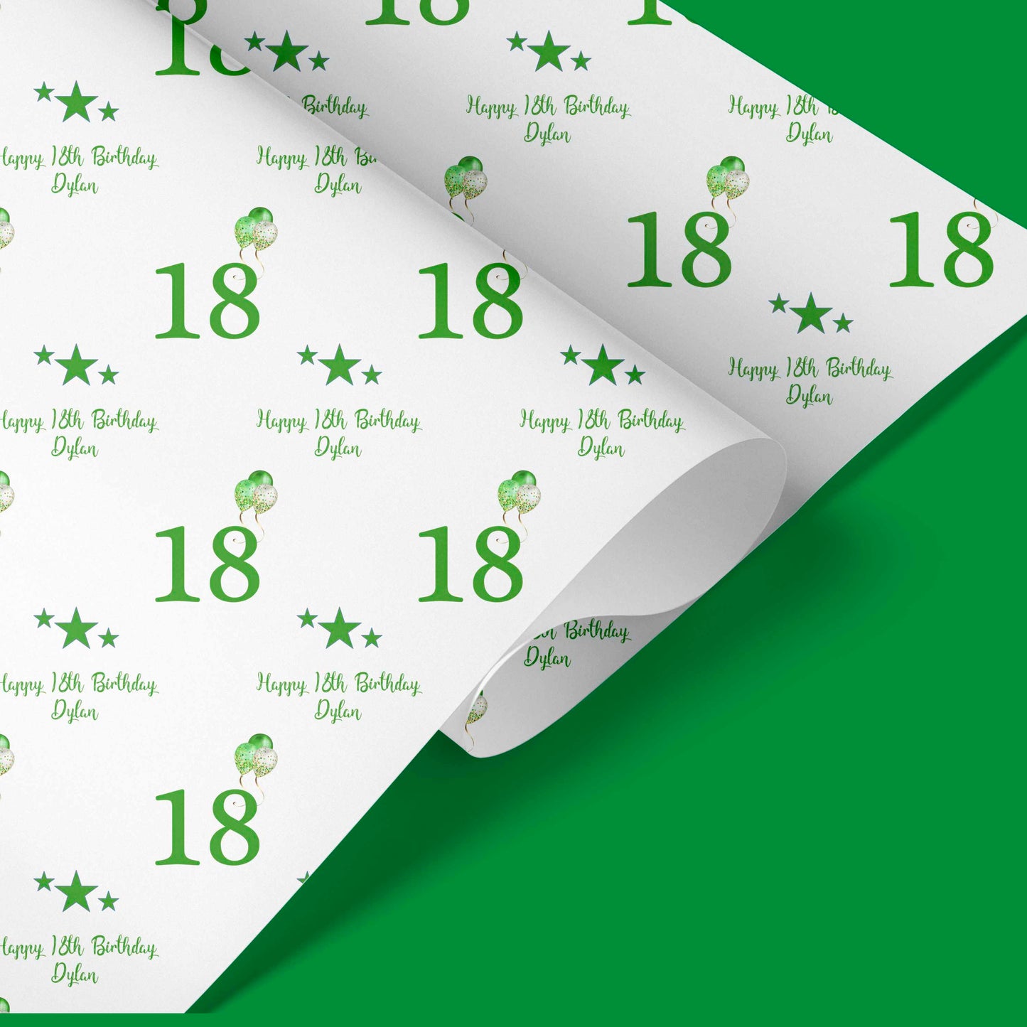 Personalised Birthday Wrapping Paper Green Balloons Stars
