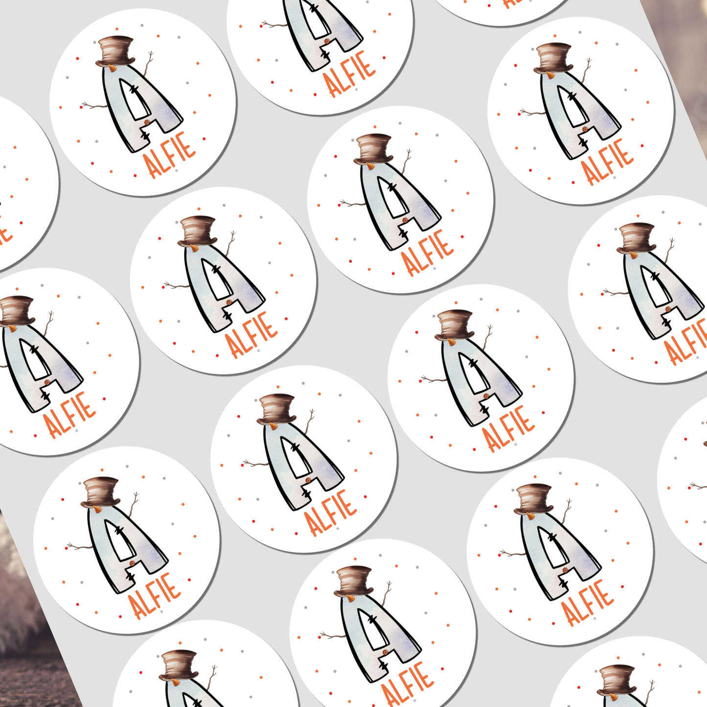 Personalised Christmas Stickers, Gift Labels, , Festive Name Stickers Snowman Initial