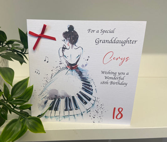 Personalised Birthday Card Female Music Piano
