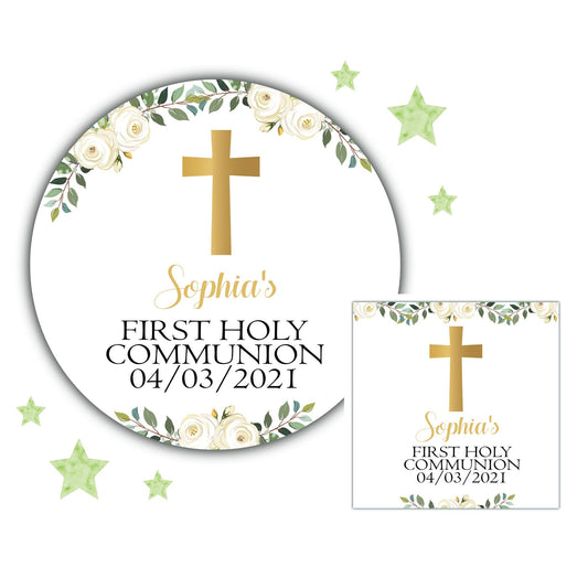 Personalised First Holy Communion Party Stickers for Favours Party Bags Floral