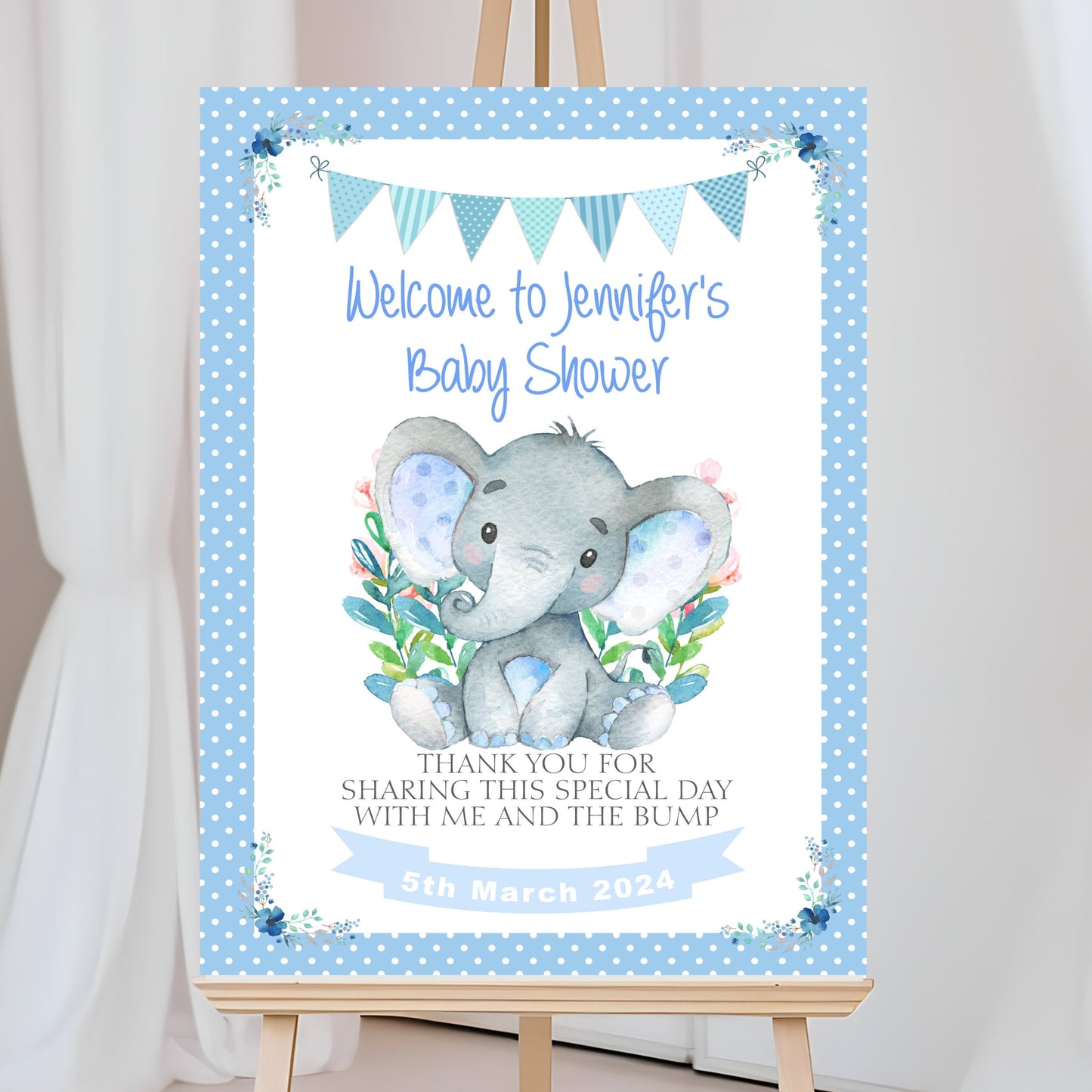Custom Baby Shower Welcome Sign Blue Elephant Boy Decorations