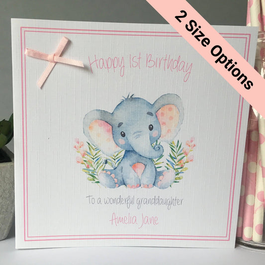 Personalised Handmade Birthday Card Watercolour Elephant Daughter Niece Granddaughter 1st 2nd 3rd