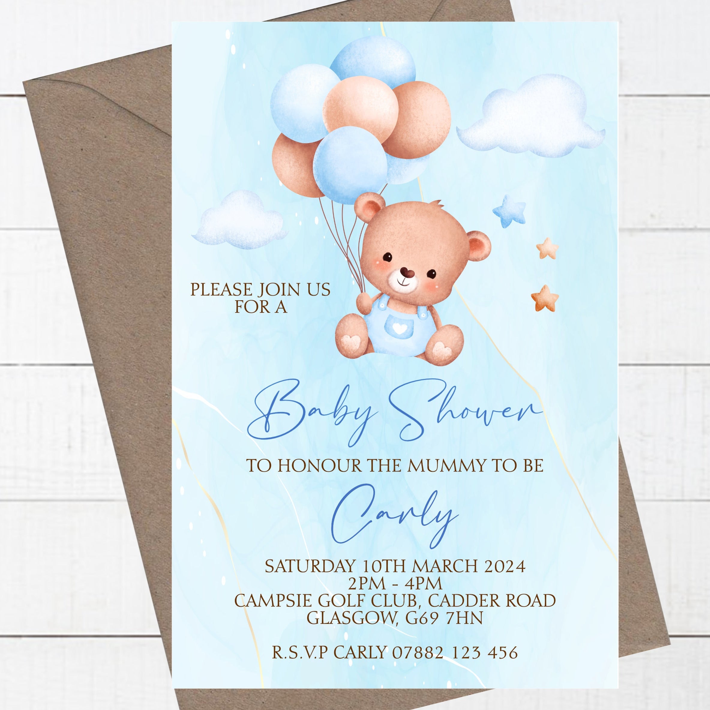 Personalised Printed Baby Shower Invitations Teddy Bear Blue Boy Blossom Lane Cards Gifts