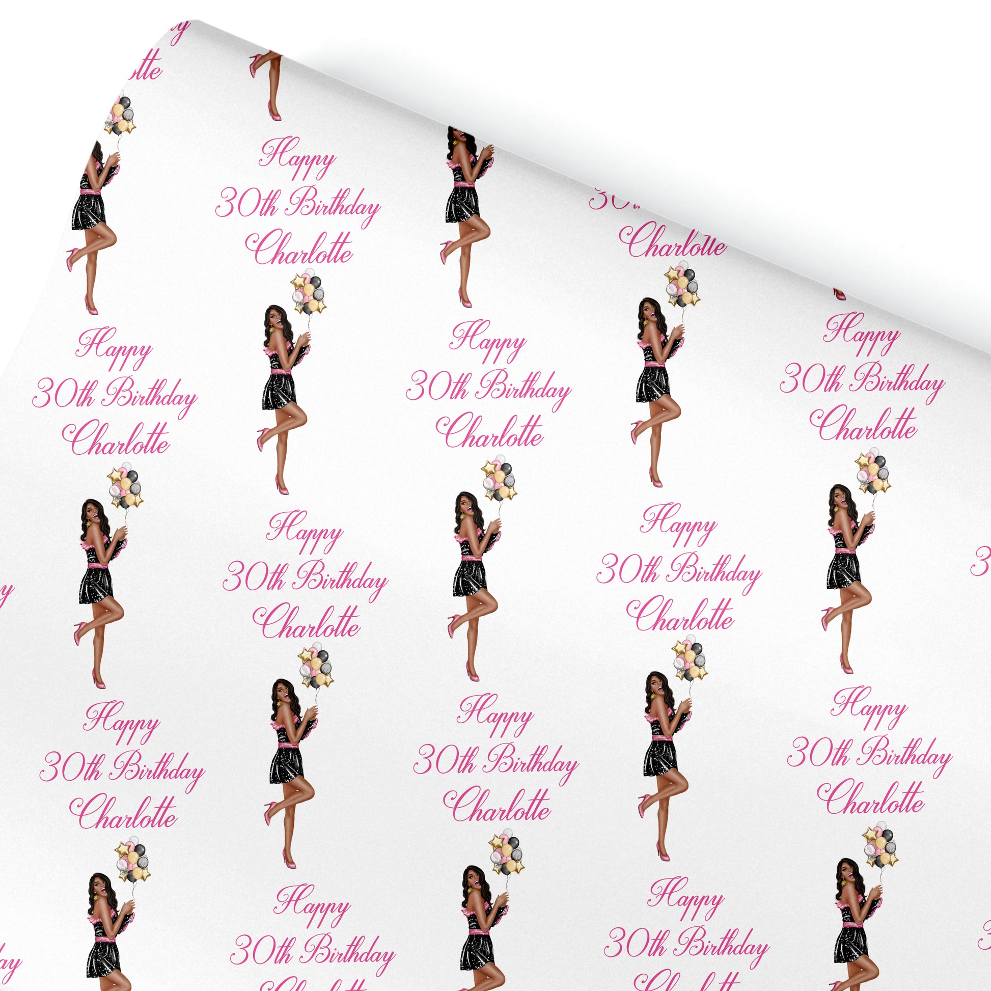a repeating pattern of a woman holding flowers, with the text "Happy 30th Birthday Charlotte" written above each woman.