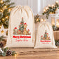 two white drawstring bags with Christmas-themed illustrations and personalized messages.