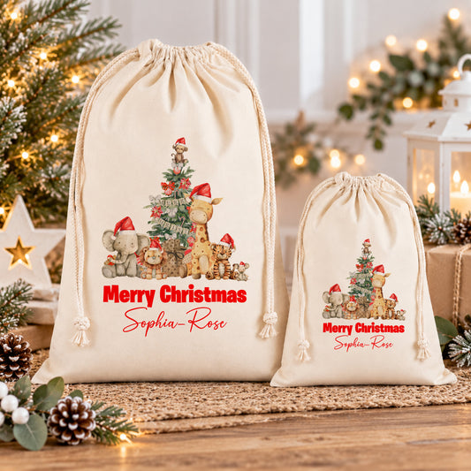 two white drawstring bags with Christmas-themed illustrations and personalized messages.