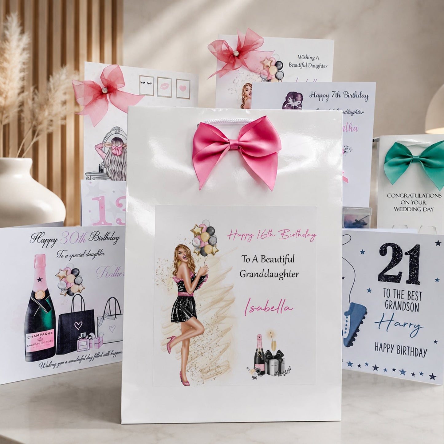 A collection of personalized birthday gift bags and matching greeting cards arranged on a tabletop. The central item is a white gift bag with a large pink bow and an illustration of a woman, surrounded by other white bags and cards with pink, teal, and blue accents, including birthday messages and decorative bows.