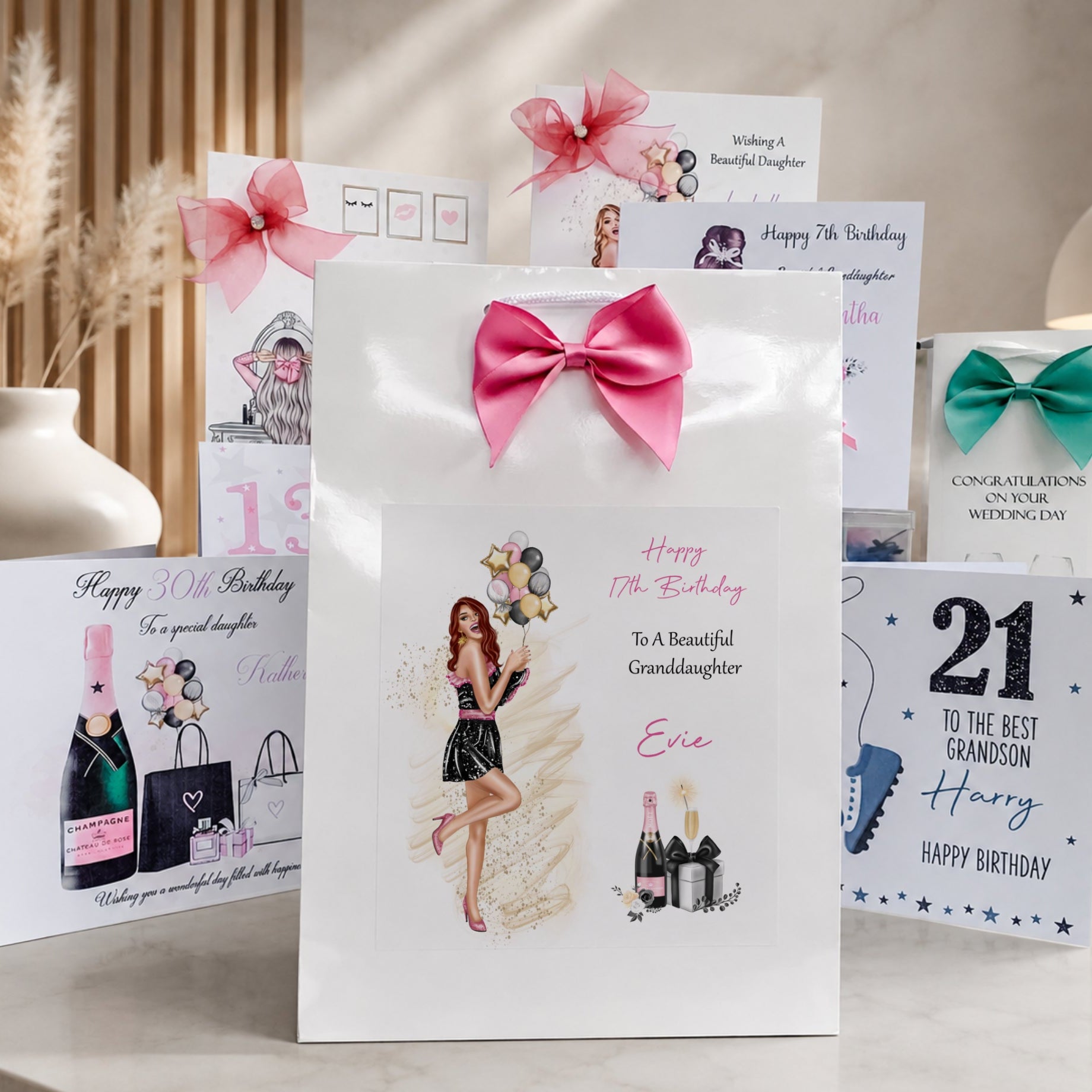 A set of personalized birthday gift bags and matching greeting cards arranged on a tabletop. The central item is a white gift bag with a large pink bow and an illustration of a woman, surrounded by other white bags and cards with pink, teal, and blue accents and birthday messages.