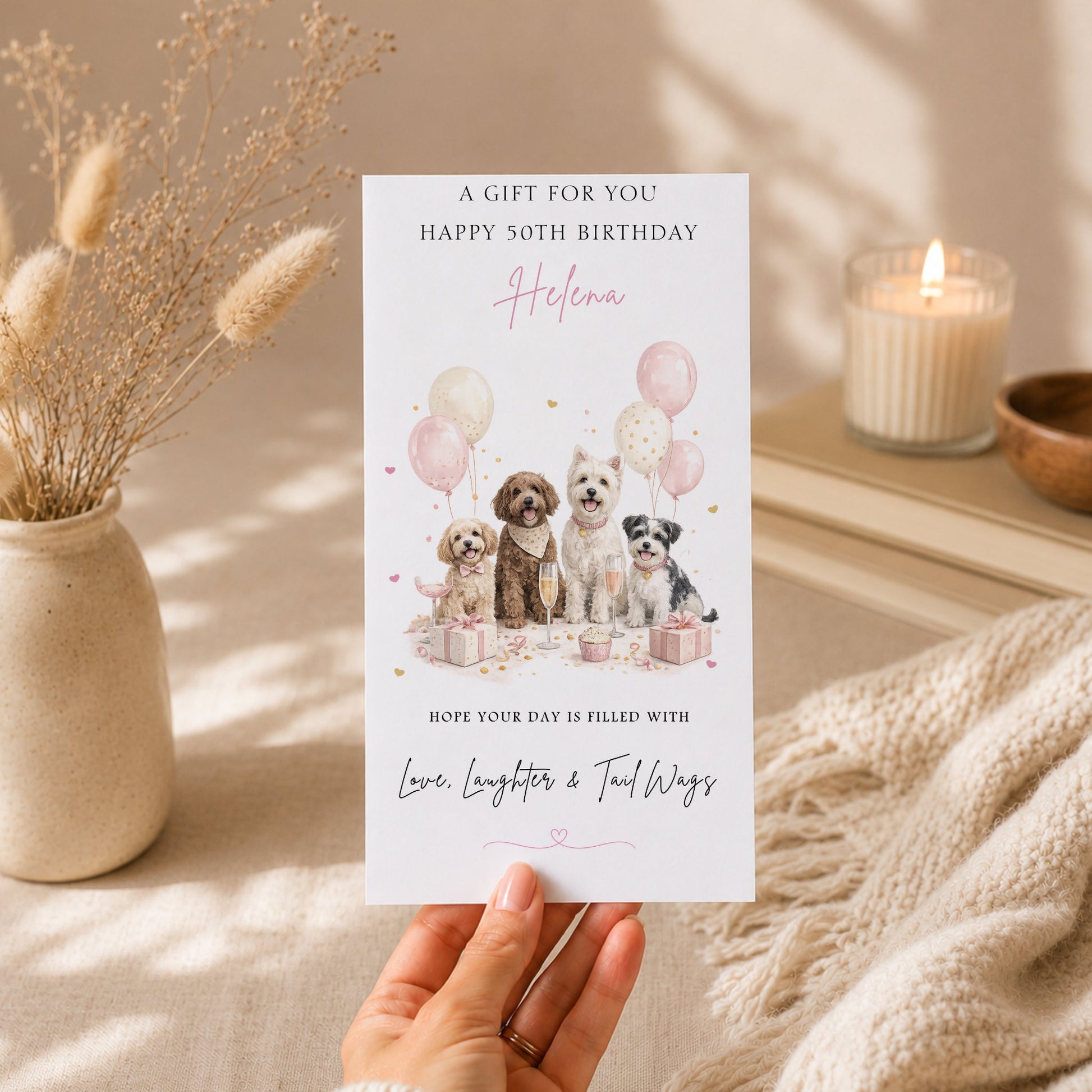 A hand holding a birthday card with a picture of four dogs and balloons, along with a message about a birthday gift for someone named Helena.