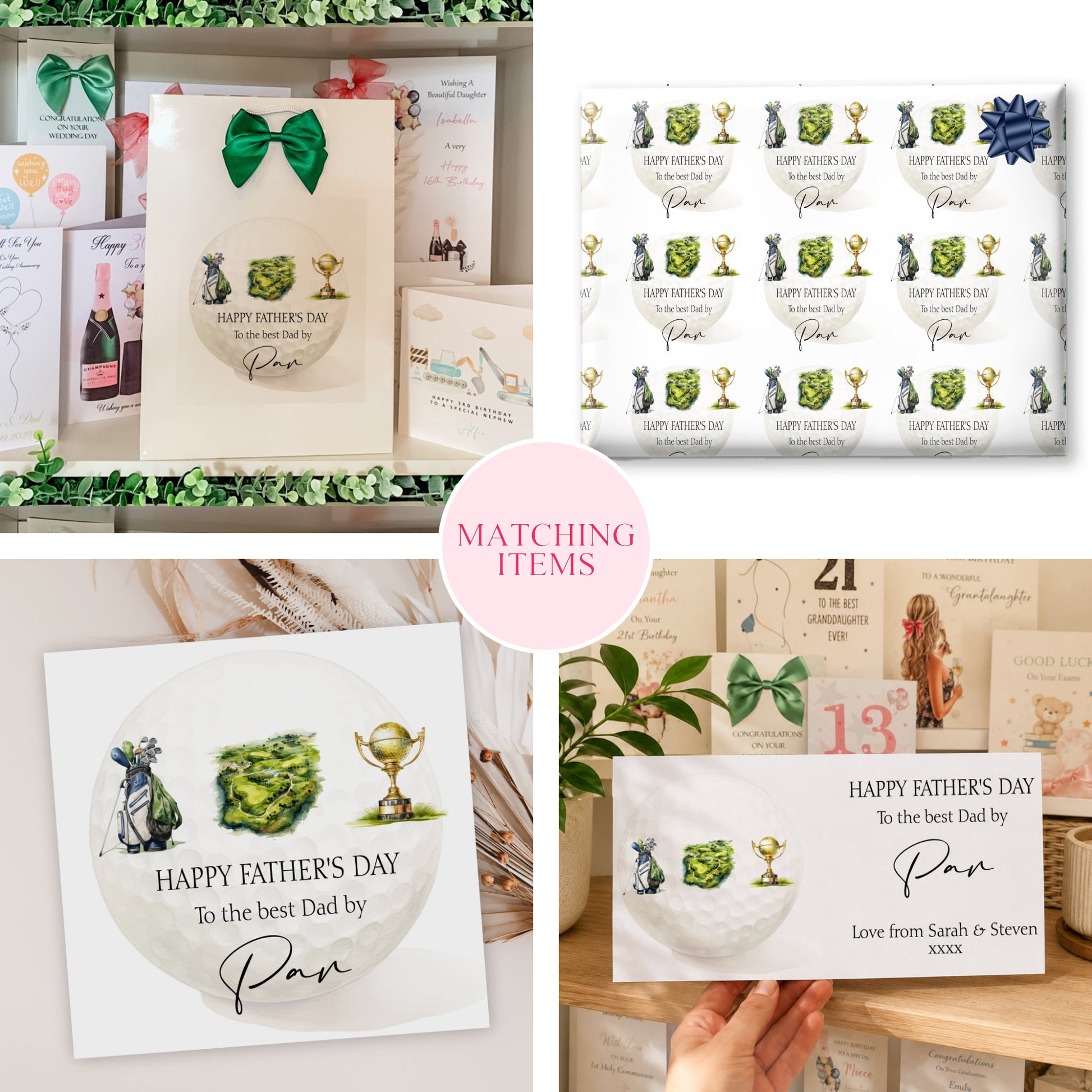 The image is a collage of four different images, each featuring a unique design related to Father's Day. The images include a gift bag with a ribbon, a patterned wrapping paper, a card with a golf ball and trophy, and a card with a golf ball and trophy. The collage also includes a pink circle with the text "MATCHING ITEMS" and a hand holding a card with a golf ball and trophy.