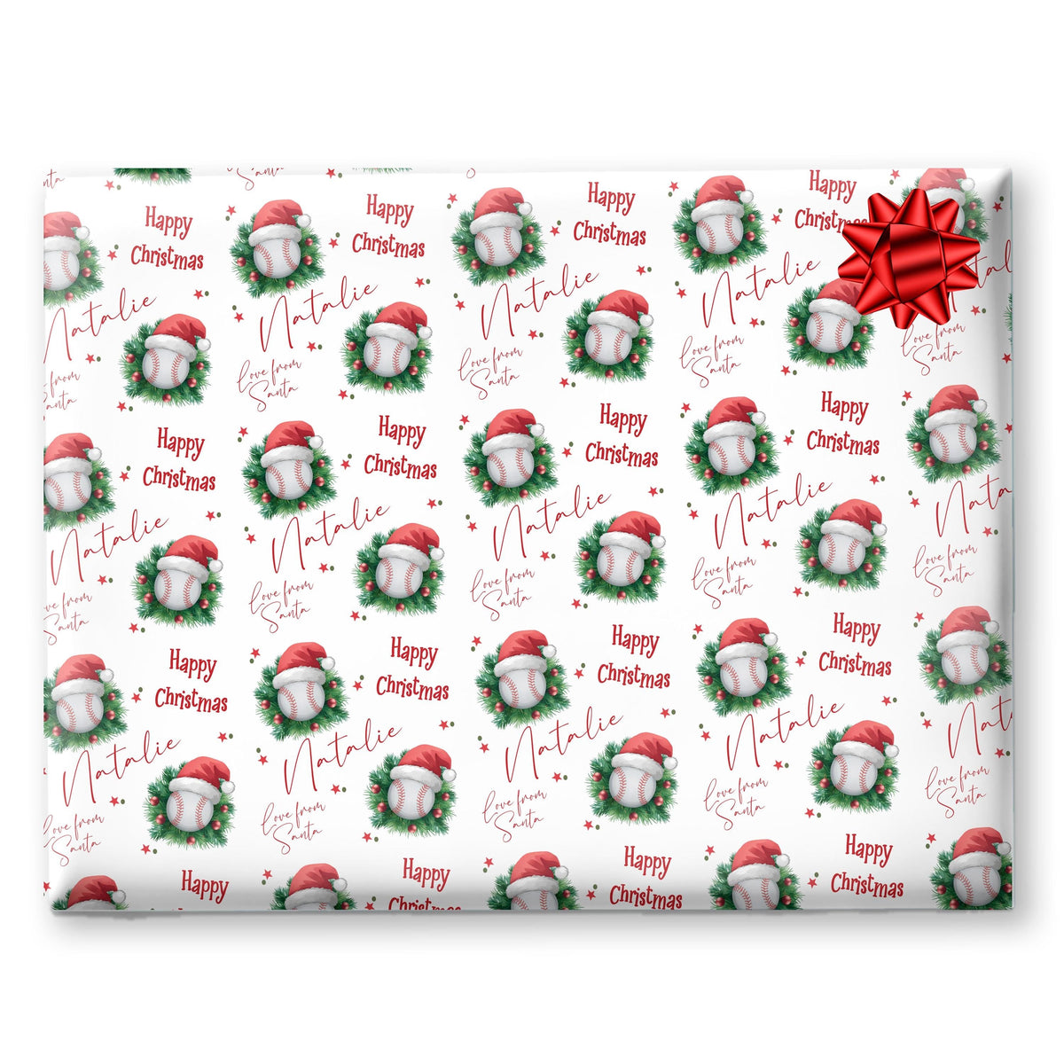 Personalised Christmas Gift Wrap – Cricket Ball Santa Hat Design - Sports gift wrapping paper