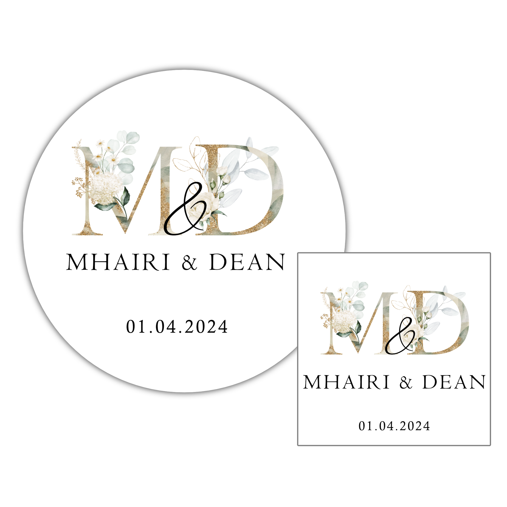 a round wedding sticker with a floral design