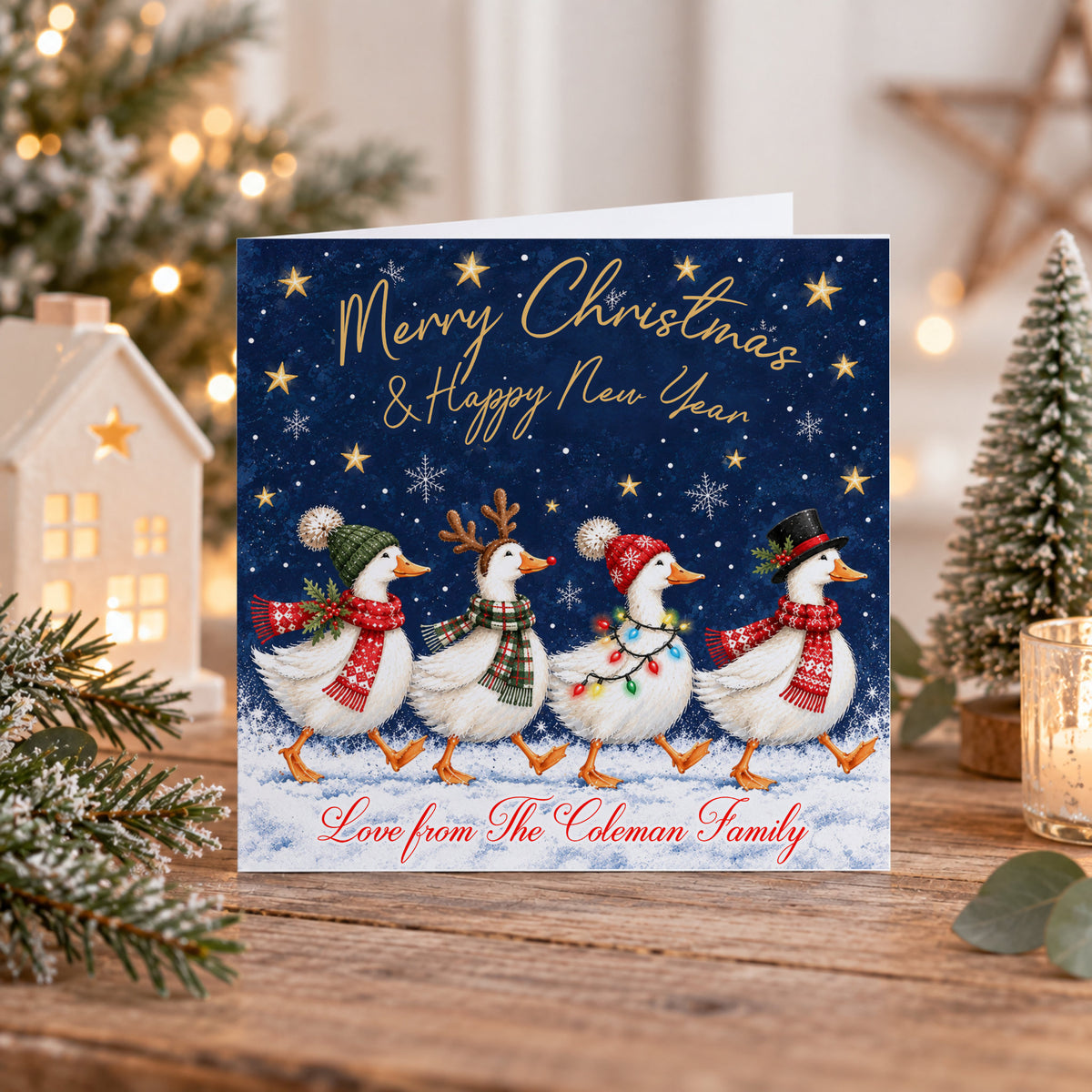 Festive Christmas card pack featuring three different designs with illustrated Christmas ducks, snowy winter scenes, Christmas trees, stars and snowflakes. Mixed designs supplied.
