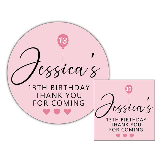 a pink birthday card with balloons and hearts