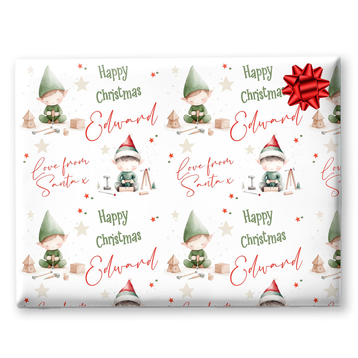 Personalised Elf Wrapping Paper, Boy Christmas Gift Wrap, A2 Sheet
