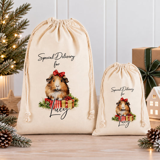 Two beige drawstring bags with a picture of a guinea pig and the text "Special Delivery for Lucy" printed on them, placed on a wooden surface with Christmas decorations in the background.