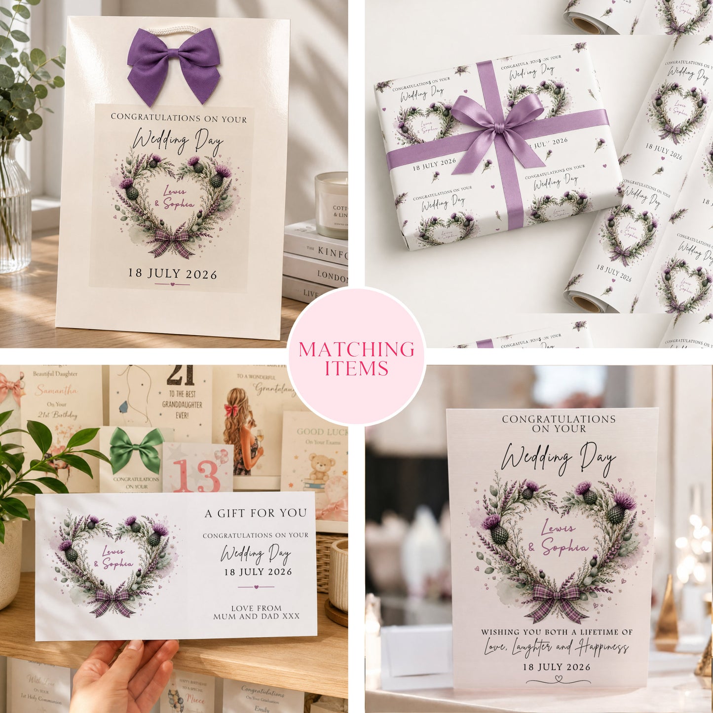 Wedding Day Gift Bag, Custom Personalised Scottish Thistle Heart, Luxury Gift Bags