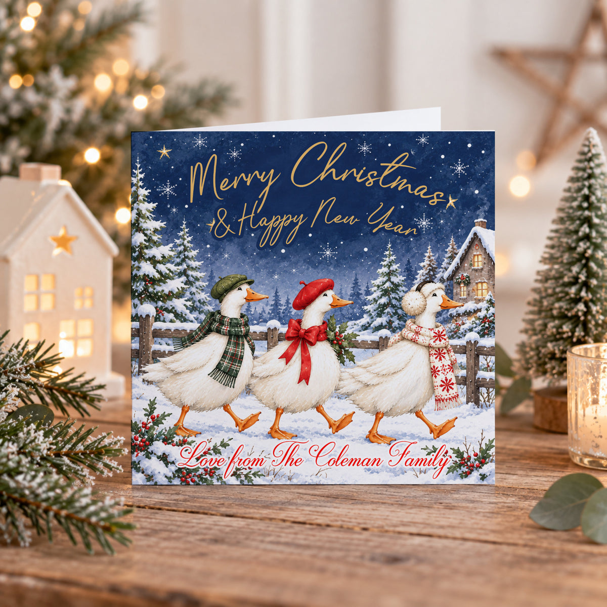Festive Christmas card pack featuring three different designs with illustrated Christmas ducks, snowy winter scenes, Christmas trees, stars and snowflakes. Mixed designs supplied.