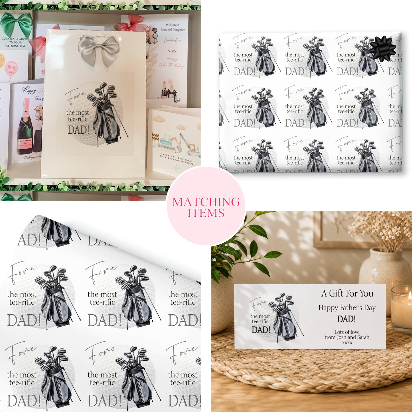 The image is a collage of four different items, including gift bags, wrapping paper, cards, and a vase. The items all have a golf theme and are designed to be gifts for a father's day.