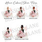 The image is a collage of four images depicting different hair and skin tones, each with a woman wearing a pink tutu and holding a bouquet of pink flowers.