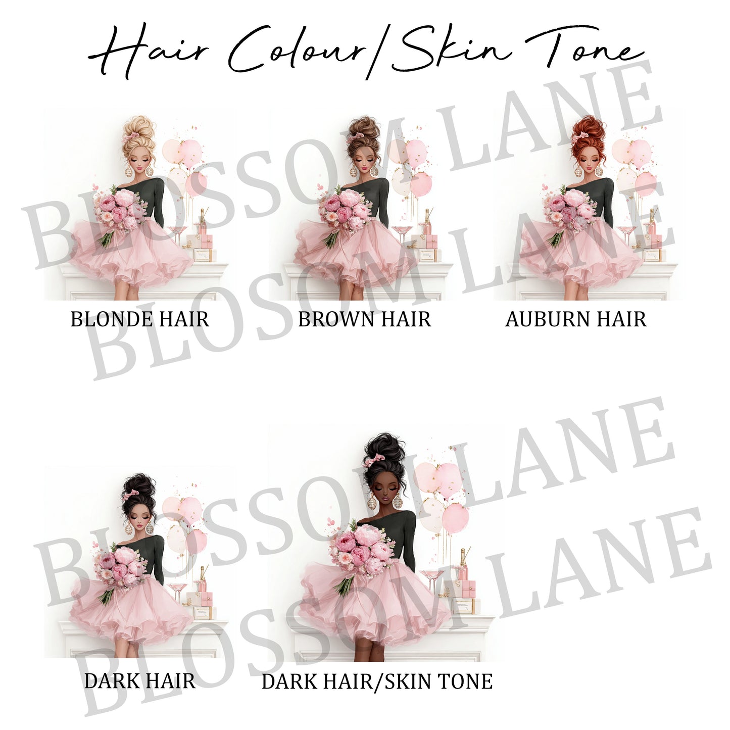 The image is a collage of four images depicting different hair and skin tones, each with a woman wearing a pink tutu and holding a bouquet of pink flowers.