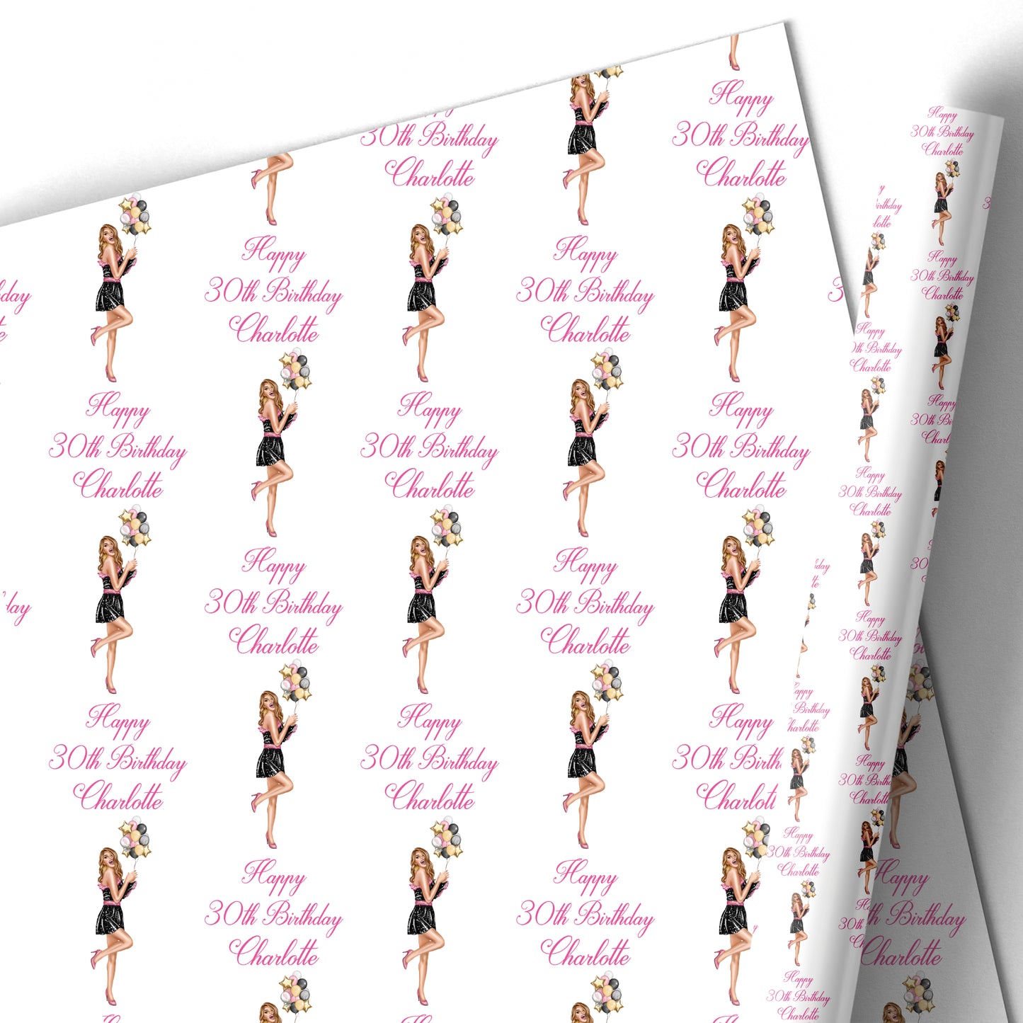 a repeating pattern of a woman in a black dress holding a bouquet of flowers, with the text "Happy 30th Birthday Charlotte" written below each image.