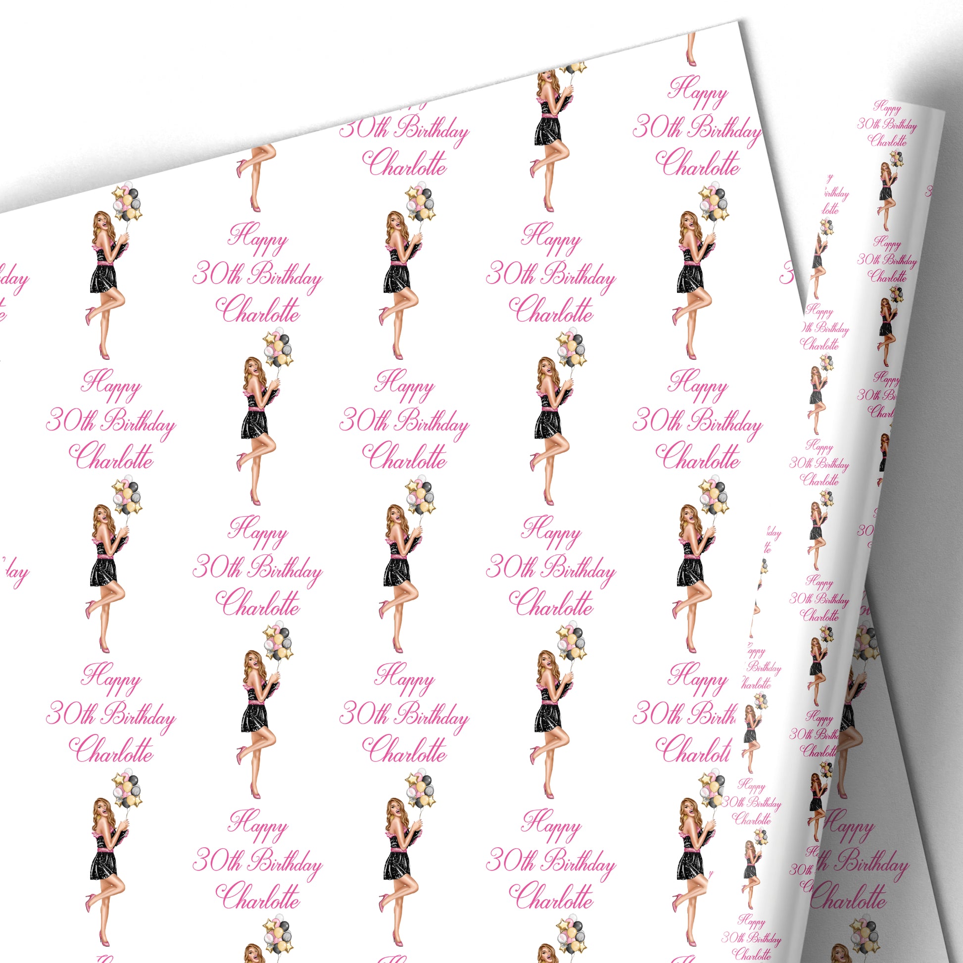 a repeating pattern of a woman in a black dress holding a bouquet of flowers, with the text "Happy 30th Birthday Charlotte" written below each image.