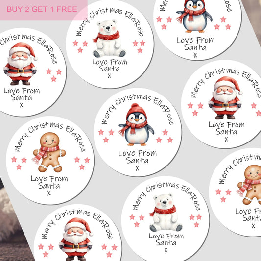 a collection of Christmas-themed labels or stickers, each featuring a different Santa Claus or penguin character. The labels are arranged in a grid-like pattern, with each label having a unique Santa Claus or penguin image and a Christmas-related message or phrase.