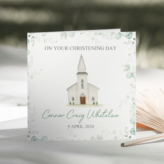 a card with a picture of a church on it