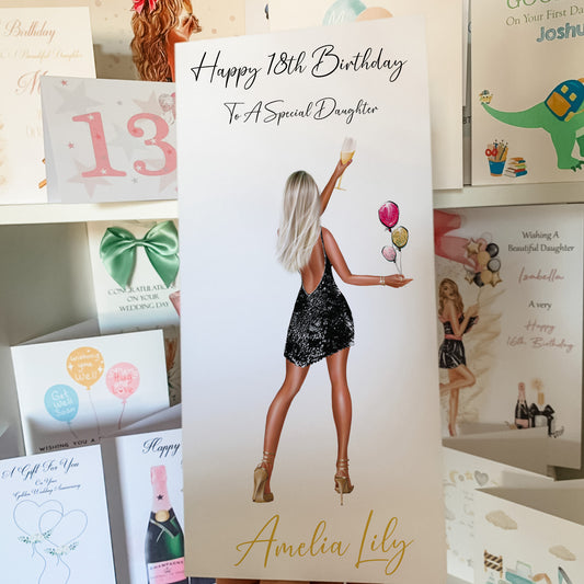 a birthday card with a picture of a woman holding balloons