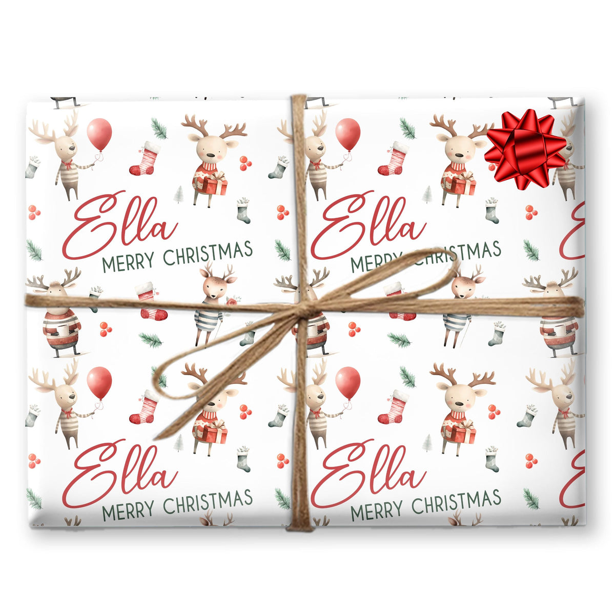 Childrens Gift Wrap Wrapping Paper, Santa & Reindeer Design, Personalised Boys and Girls Paper, Novelty Gift Wrap Roll