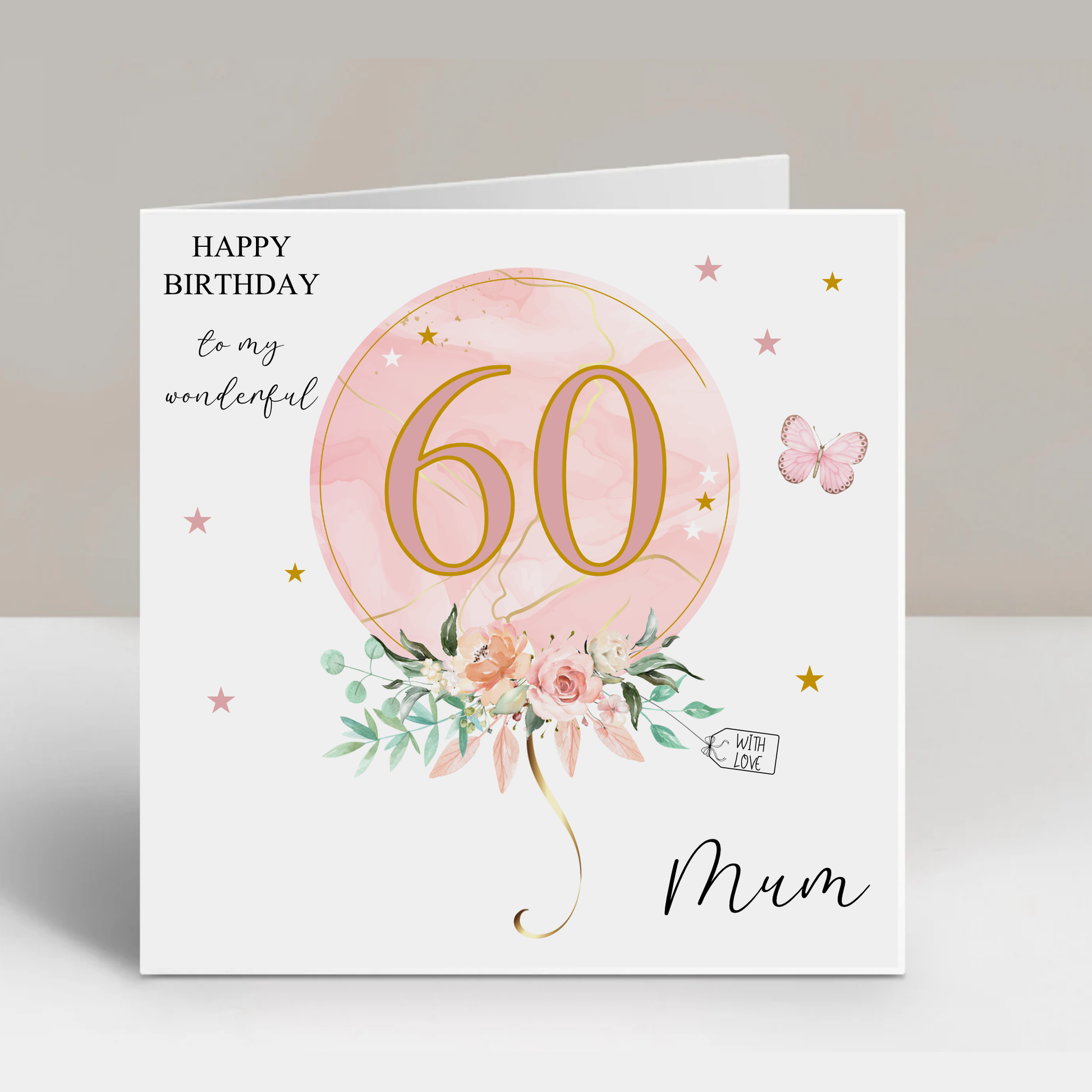 a pink 60th birthday card with the number 60 on it