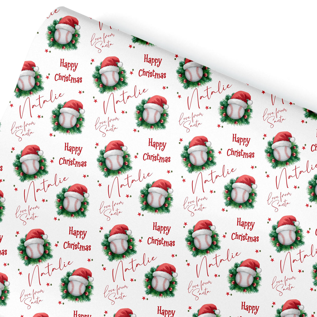 Personalised Christmas Gift Wrap – Cricket Ball Santa Hat Design - Sports gift wrapping paper