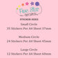 a list of sticker sizes offered by a party supplies store, including small, medium, and large circles, along with their corresponding sticker counts per A4 sheet.