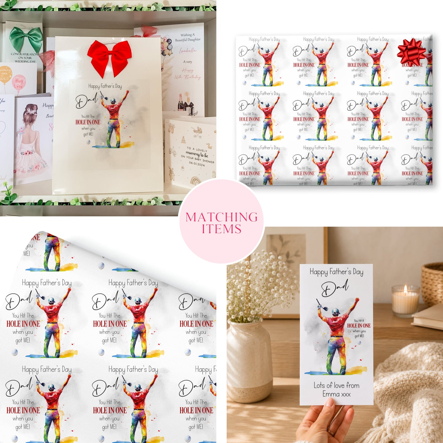 The image is a collage of four different images, each featuring a unique design related to Father's Day. The images include a gift box with a bow, a card with a father holding a hole-in-one, a patterned wrapping paper, and a card with a father holding a hole-in-one.