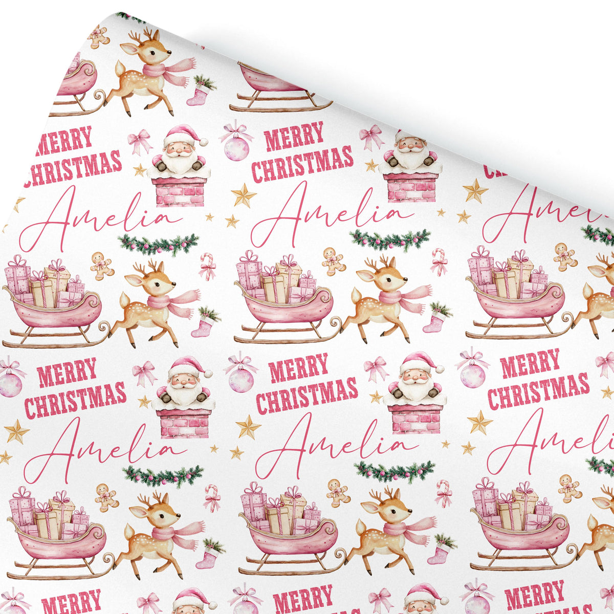 Personalised Gift Wrap | Personalised Christmas Wrapping Paper | Personalised Gift Wrap | Fun Gift Wrap | Pink Reindeer Sleigh