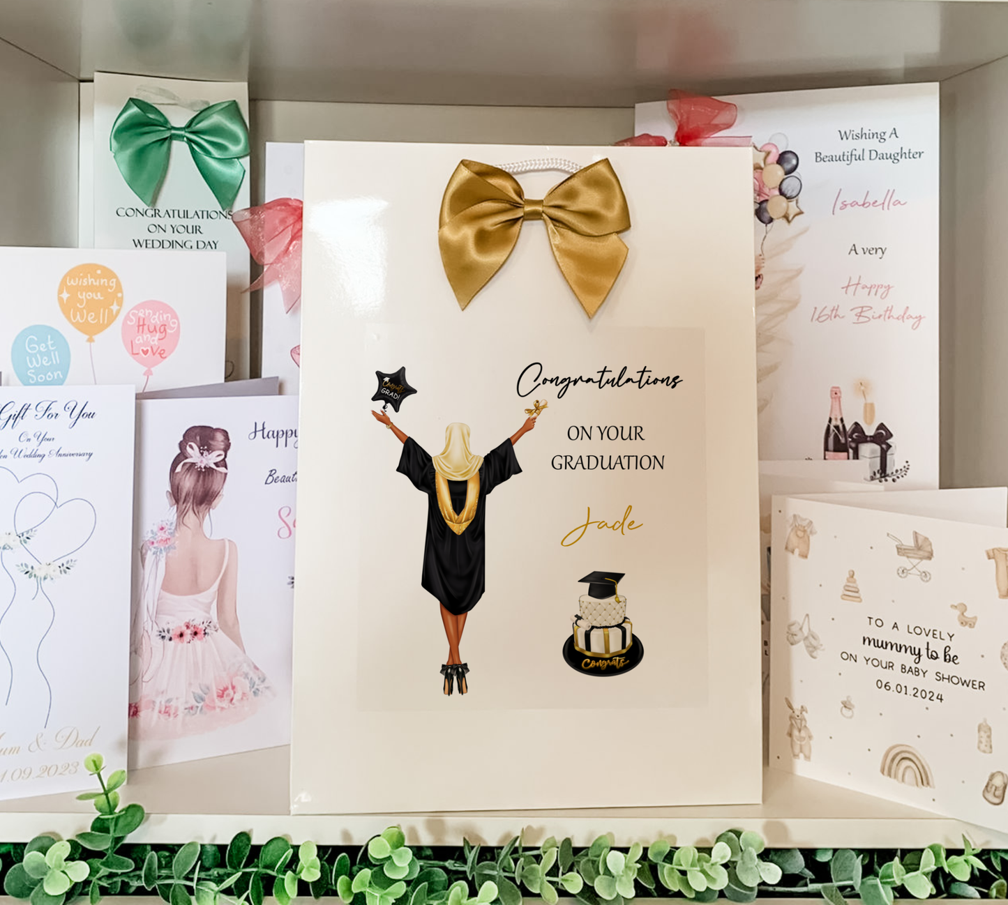 congratulations cards and greeting cards on a shelf