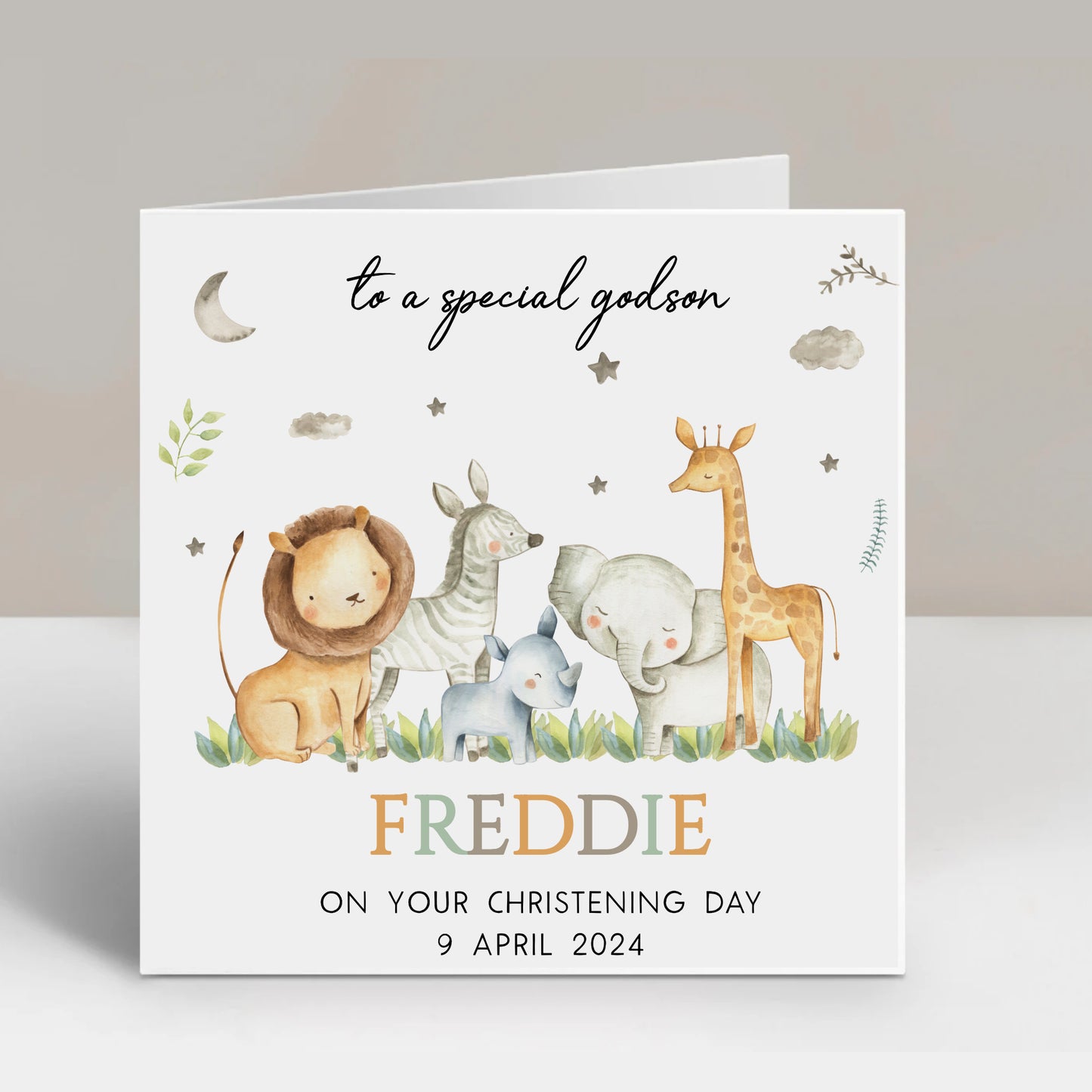 a card with a picture of a giraffe, zebra, and a lion