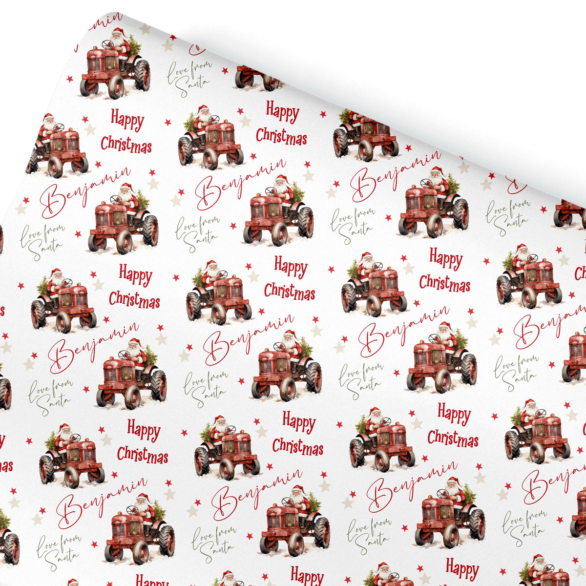 Personalised Christmas Gift Wrap – Children’s Santa Claus Tractor Design-Farm Yard Wrapping Paper