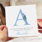 a person holding a card with a blue letter