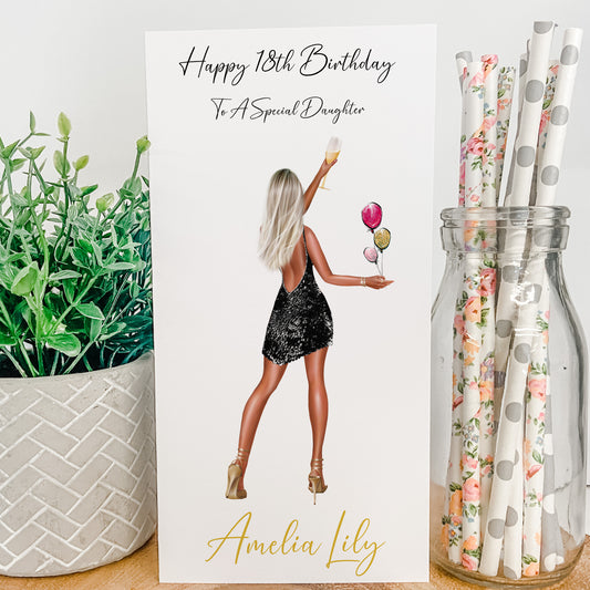 a birthday card with a picture of a woman holding balloons