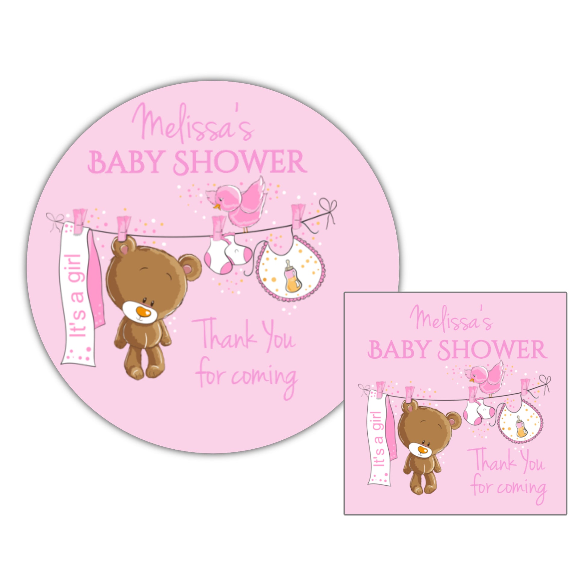 a pink baby shower sign with a teddy bear on it