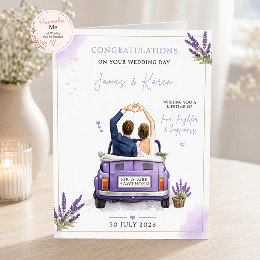 The image is a wedding card celebrating the marriage of James and Karen. The card features illustrations of the couple in a car, with the text "Congratulations on your wedding day" and "Wishing you a lifetime of love, laughter and happiness". The card also includes the names "James & Karen" and the date "30 JULY 2026".