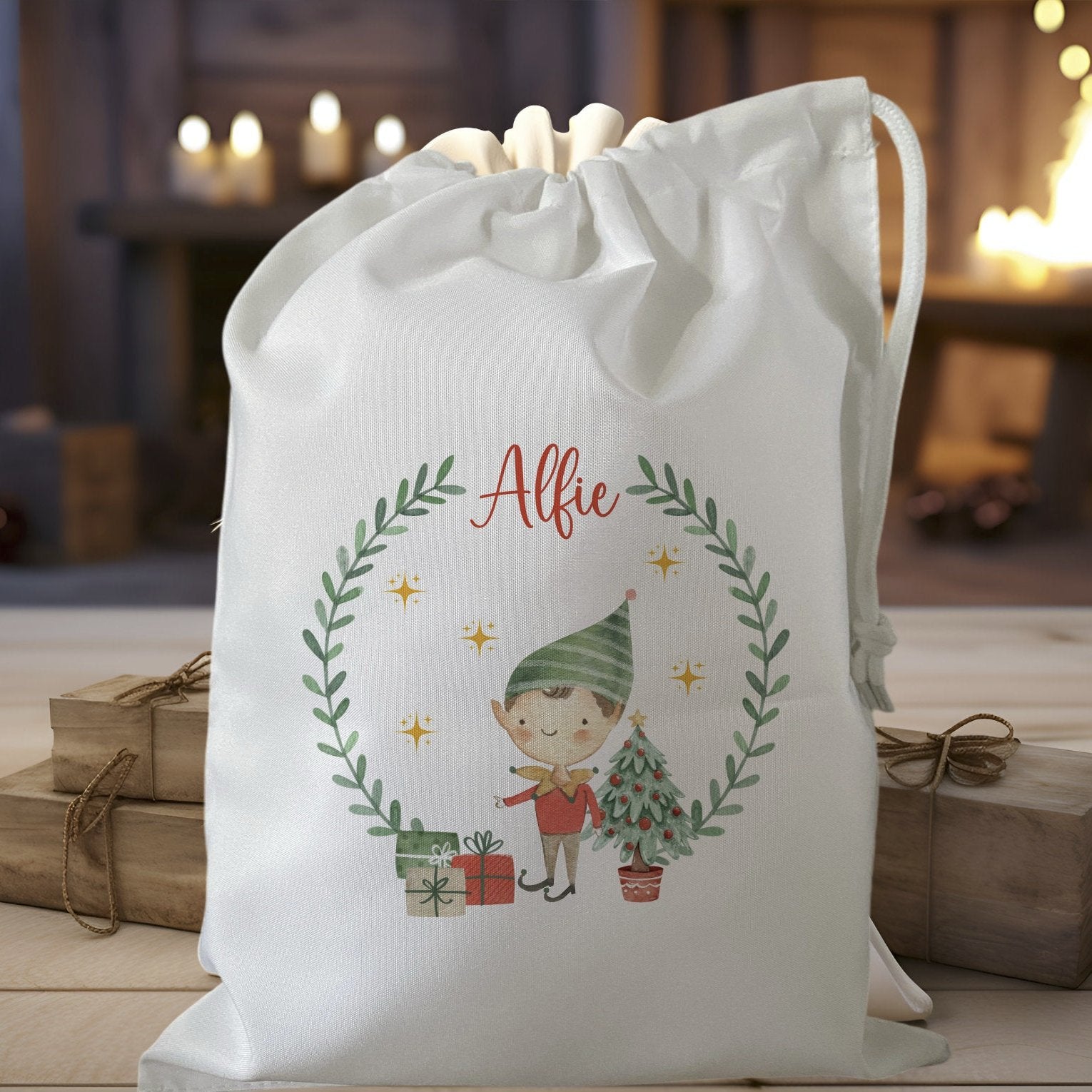 Personalised childrens kids christmas eve treat bag for pjs hot chocolate
