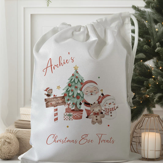 personalised christmas eve treat bag for pjs hot chocolate mug